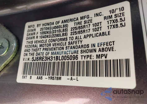 2011 Honda Cr-V Lx из США, поврежденный, VIN 5J6RE3H31BL005096